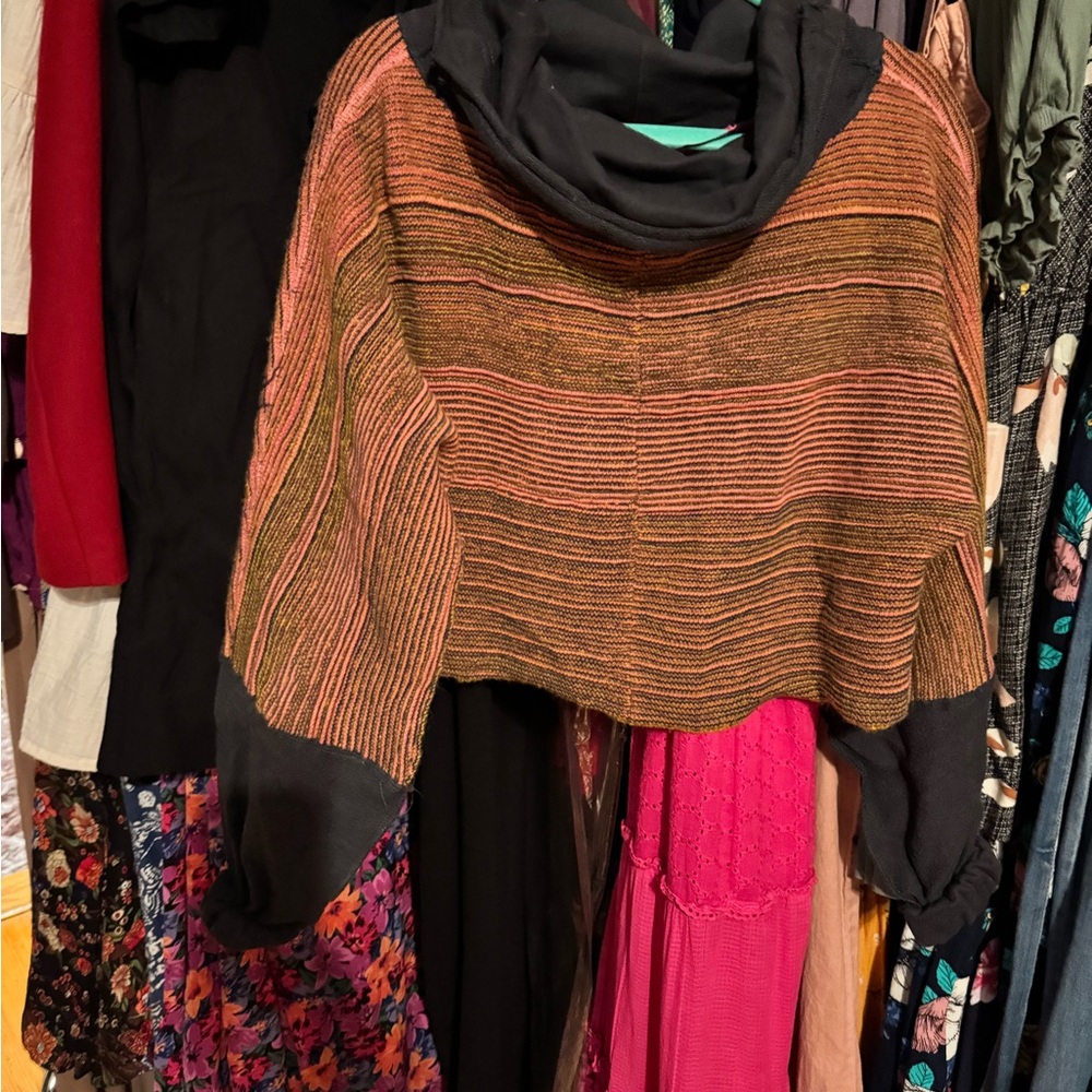 Red and Black Cowl Neck Sweater with Textured Ribbed Design